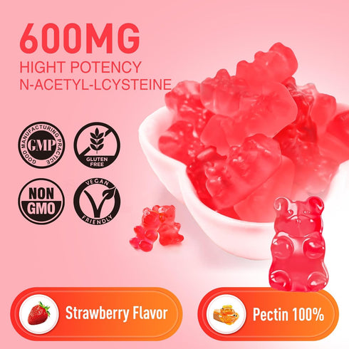NAC Gummies 600mg - N Acetyl Cysteine Supplement for Antioxidants & Immune Support, Natural Strawberry Flavor