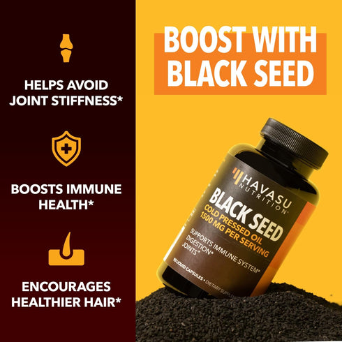 Black Seed Oil Nigella Sativa Cold-Pressed Capsules, 1500mg for Immune Support, 90 Vegetarian Capsules