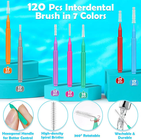 Modacraft 120Pcs Interdental Brush, 7 Sizes Braces Brush Toothpicks with Soft Bristles for Oral Cleaning