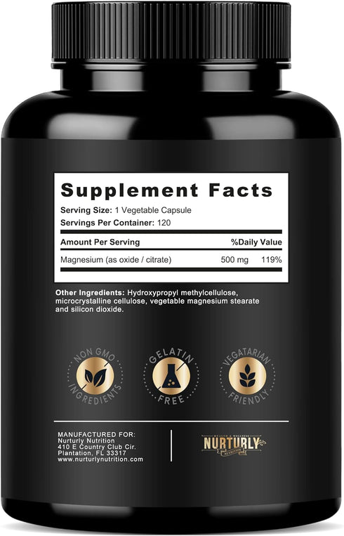 Magnesium Citrate & Oxide 500mg Complex Supplement - High Absorption for Bone Density, Muscles, Energy - 120 Vegan