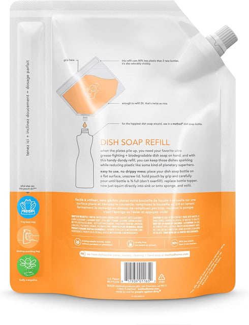Method Liquid Dish Soap Refill, Plant-Based Dishwashing Liquid that Cuts Through Tough Grease for a Sparkling Clean, Clementine Scent, 1.06 Liter Bags, 2 Pack