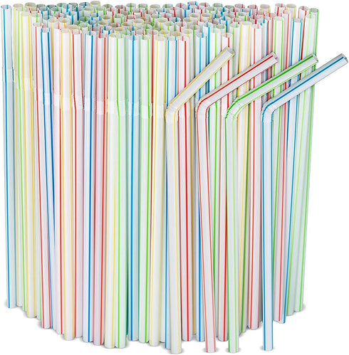 600pcs Flexible Plastic Drinking Straws, 8" Long, Stripes Multiple Colors for Juice, Milk, Tea, Cocktails, Parties,