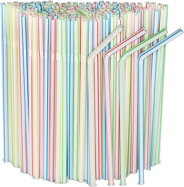 600pcs Flexible Plastic Drinking Straws, 8" Long, Stripes Multiple Colors for Juice, Milk, Tea, Cocktails, Parties,