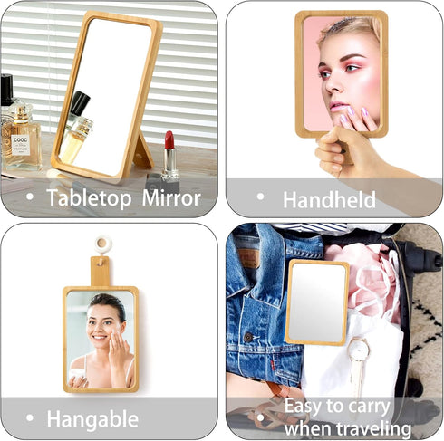 Natural Bamboo Folding Desk Table Mirror - Portable Handheld/Stand Makeup Mirror, 5.1" W x 7.5" L