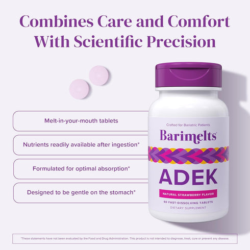 Barimelts ADEK - 60 Fast-Dissolving Tablets, Sugar-Free Bariatric Vitamins for Women, Natural Strawberry Flavor