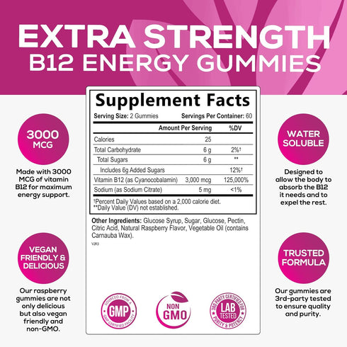 B12 Energy Gummy, Extra Strength 3000 mcg Vitamin B 12, B-12 Energy Metabolism & Immune System Support, Chewable Supplement for Adults & Kids, Caffeine Free, Berry Flavored, Vegan - 120 Gummies