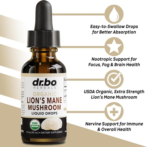 Lions Mane Mushroom Supplement Drops - Organic Lion's Mane Mushroom Liquid Tincture for Focus, Fog, Brain Health Supplements - Vegan Herbal Nervine, Nootropic Organic Lions Mane Supplement Extract 1oz
