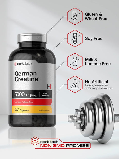 Horbaeach German Creatine Monohydrate 5000mg, 250 Capsules, Non-GMO, Gluten Free Supplement
