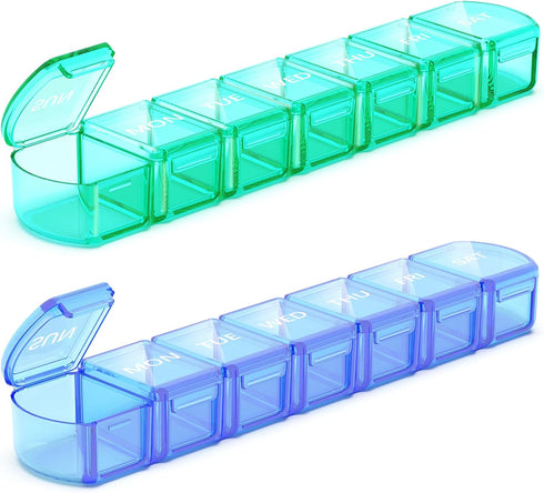 Extra Large Pill Organizer 2 Pack, XL Pill Box 7 Day Weekly Pill Case with Large Capacity, BPA Free (Blue+Green)