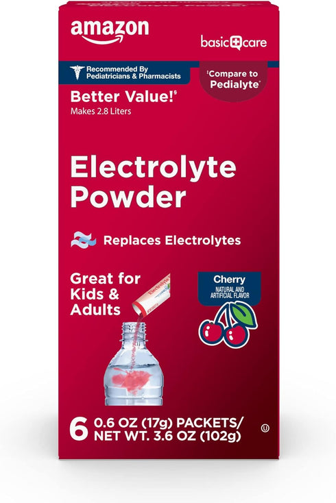 Amazon Basic Care Electrolyte Powder Packets, Cherry Flavor, 6 Count for Kids & Adults