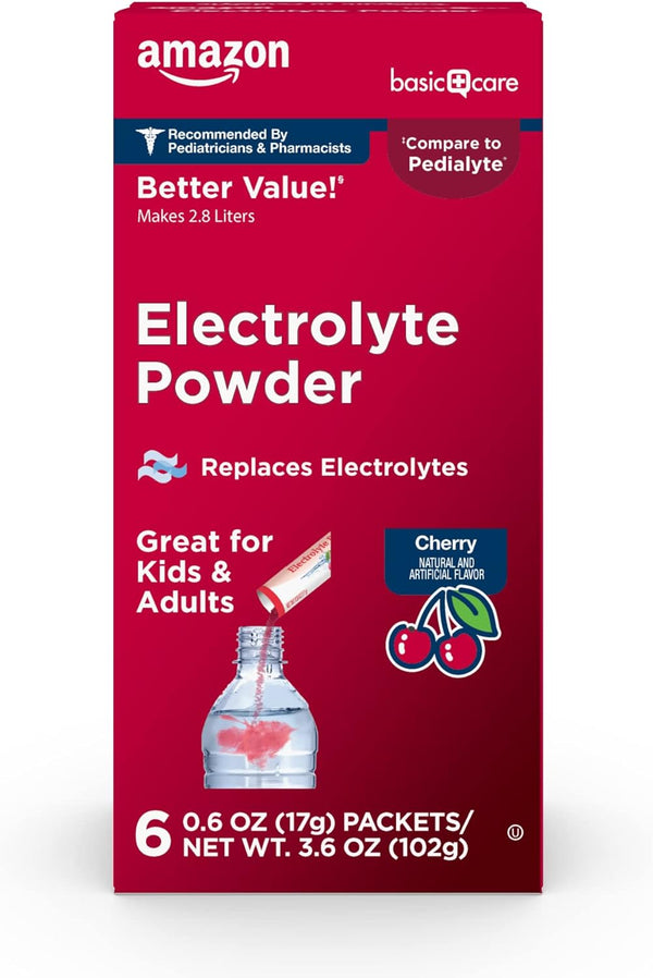Amazon Basic Care Electrolyte Powder Packets, Cherry Flavor, 6 Count for Kids & Adults