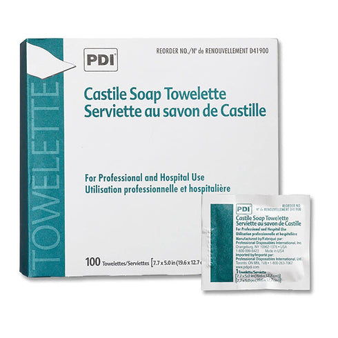 PDI D41900 Castile Soap Towelette, 7.7"x5", Individually Wrapped, 100/bx