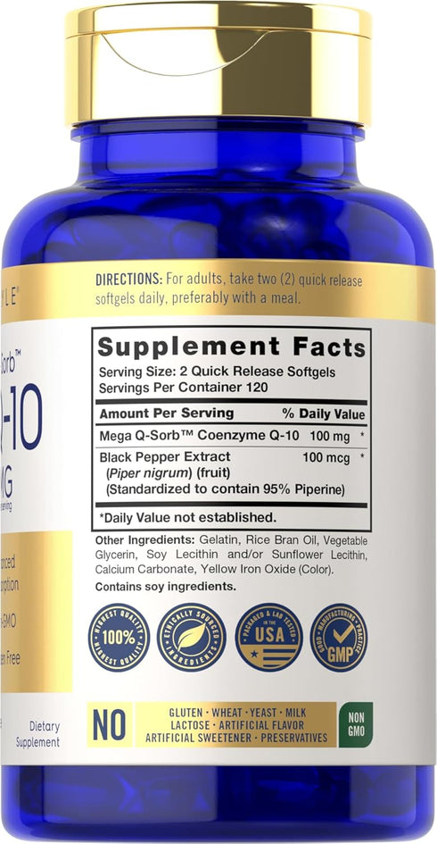 Carlyle CoQ10 100mg | 240 Softgels | Mega Q-Sorb Coenzyme Q-10 | with Black Pepper Extract | Non-GMO, Gluten Free