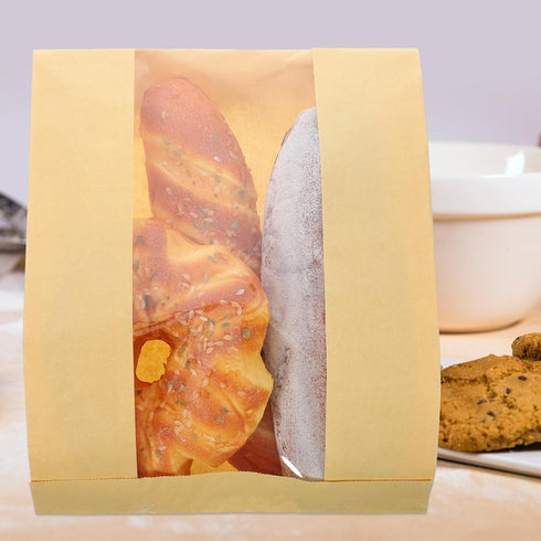 STAHAD 100Pcs Packaging Kraft Paper Bread Bags with Window Large Oil-Resistant Toast Bags for Homemade Bread Bakery