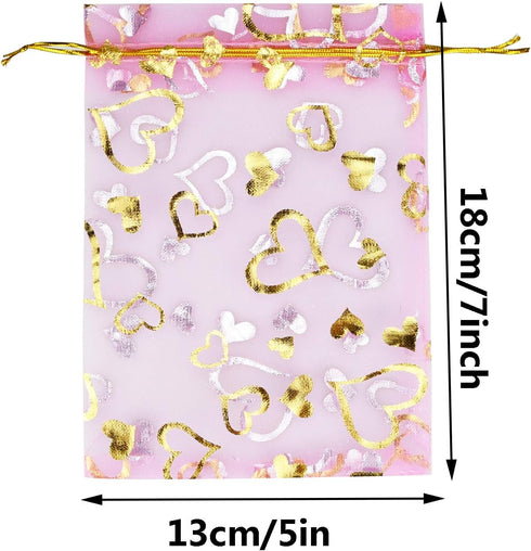 100PCS Heart Printed Organza Bags - Gift Jewelry Candy Bags for Wedding Valentine's Day 5x7Inch