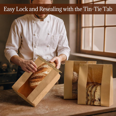 PILABEL 100 Pack 14x8.3x3.5 Inch 100 Packaging Large Sourdough Bread Bags with Window and Tin Tie, Kraft Paper Bakery