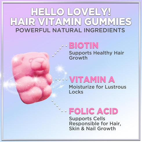 Hello Lovely! Hair Vitamins Gummies, 120 Gummy Bears, Biotin 5000 mcg, Vitamin E & C for Hair Growth