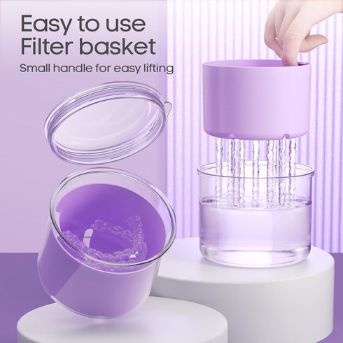 Denture Bath Cup with Brush, Container for Soaking Dentures, Retainers, Mouth Guard Storage Case, Cleaning Holder Box -