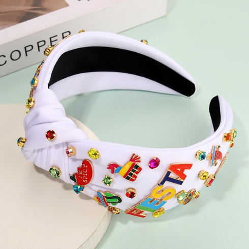 Mexican Headband for Women, Cinco De Mayo Beaded Fiesta Knotted Headband with Rhinestones (Fiesta 1)