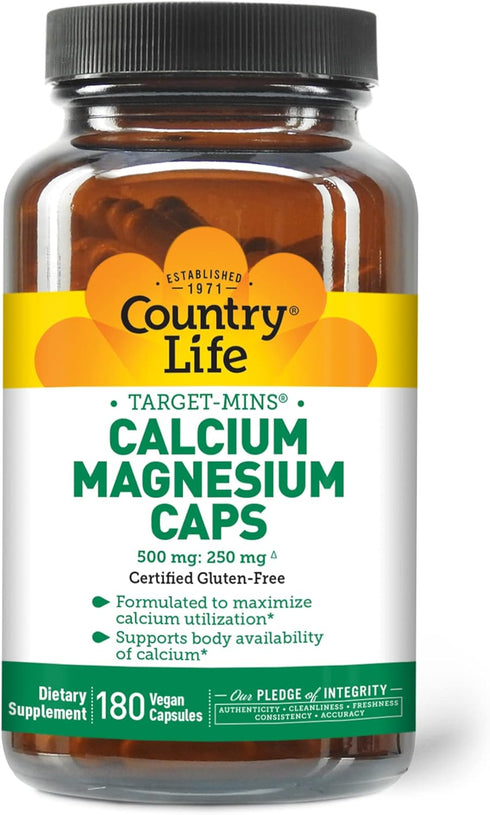 Country Life Target-Mins Calcium Magnesium Caps, 500mg: 250mg, 180 Certified Vegan Capsules, Certified Gluten Free