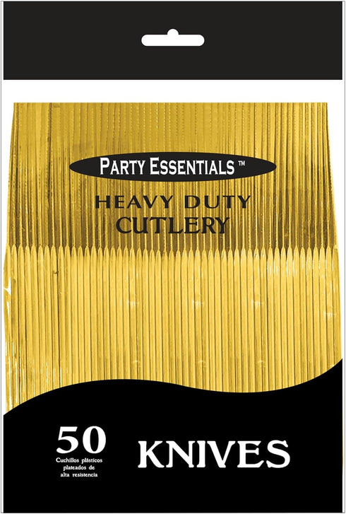 Party Essentials 50-Count Disposable Plastic Cutlery - Heavy-Duty Flatware/Silverware, Shiny Gold Knives for Events