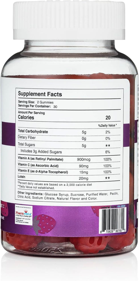 Pharmvista Gummy 60 Count Eye Health Support - Vitamin A + C + E + Lutein - Gluten Free, Vegan Friendly Supplement