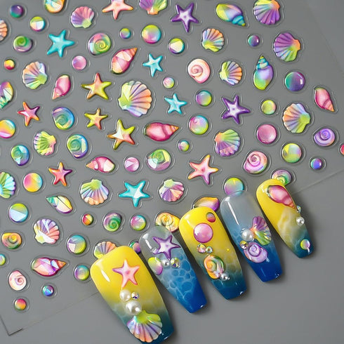 5D Summer Nail Art Stickers, Embossed Ocean Nail Decals Seashell Starfish for Luxurious Summer Nail Design Decoration