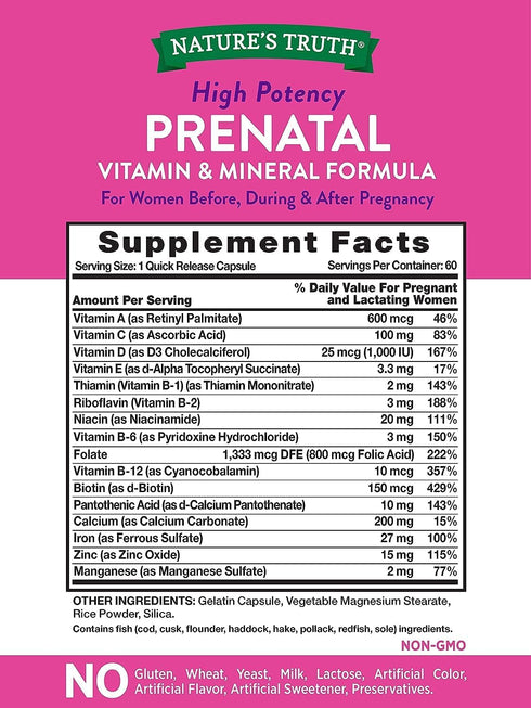 Nature's Truth Prenatal Vitamins with Folic Acid | 60 Capsules | Non-GMO & Gluten Free Supplement Pack of 2