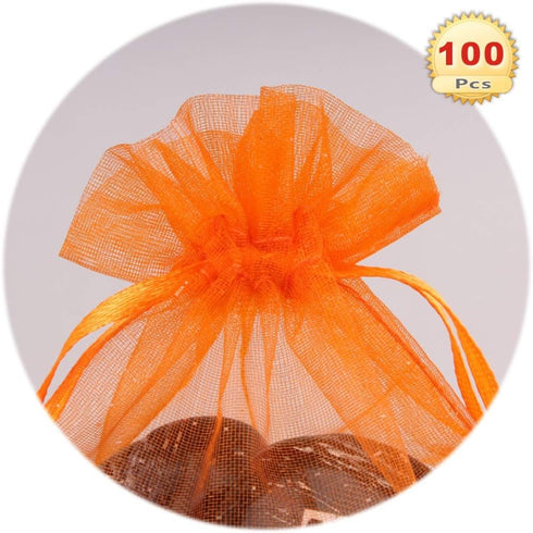 PMLAND 100 Pcs Organza Mesh Drawstring Bags, 4 x 6 Inches for Jewelry Party Favors, Orange