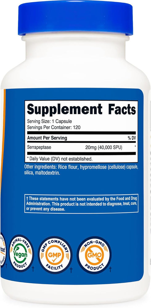 Nutricost Serrapeptase 40,000 SPU, 120 Capsules - Gluten Free, Non-GMO, Vegetarian Friendly