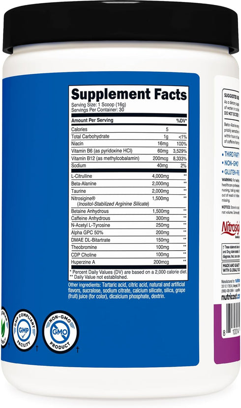 Nutricost Pre-X Extreme Pre-Workout Powder, Grape Flavor, 30 Servings, Vegetarian, Non-GMO, Gluten Free