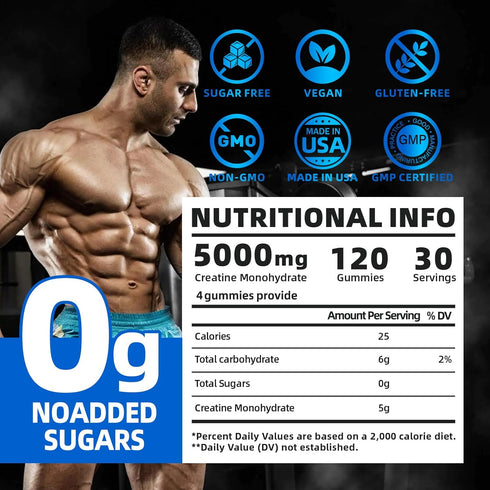 Creatine Monohydrate Gummies for Men & Women - 5g per Serving, Sugar Free, Vegan, Pre-Workout Supplement (120 Count) -