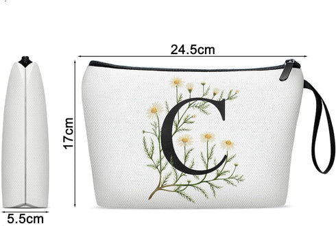 Initial Letter Makeup Bag for Women, A-Z Personalized Travel Cosmetic Bag, Initial Cosmetic Bag Gifts (White C)