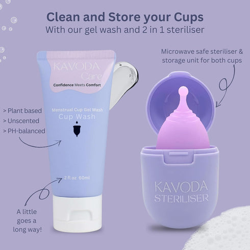 KAVODA Pack 2 Menstrual Cups with Sterilising Cup & Gel Wash - Reusable, Easy to Use, of in Small & Large Size