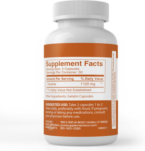 Taurine (100 Capsules) 100% Pure, No Additives or Fillers: Pure Original Ingredients