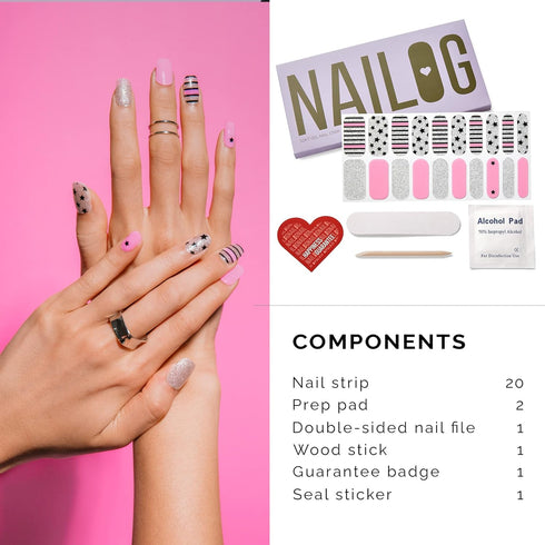 NAILOG Semi Cured Gel Nail Strips, 20 Extra Long Polish Stickers/Wraps - Glossy & Long Lasting Soft Gel
