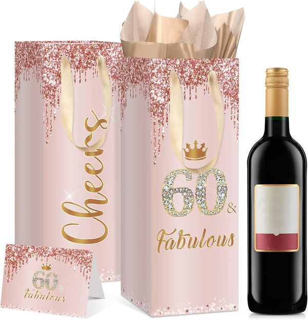 Yoirrat 60th Birthday Wine Gift Bag for Women with Tissue Paper Card Rose