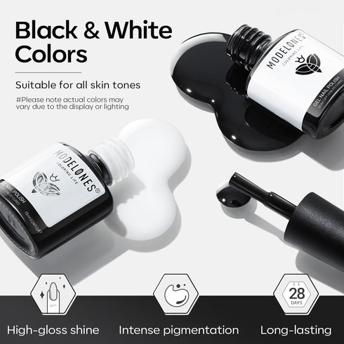 modelones Gel Nail Polish Set, 2 Pcs 15ml Pure Black and White Soak Off LED UV Gel Polish Kit for Women