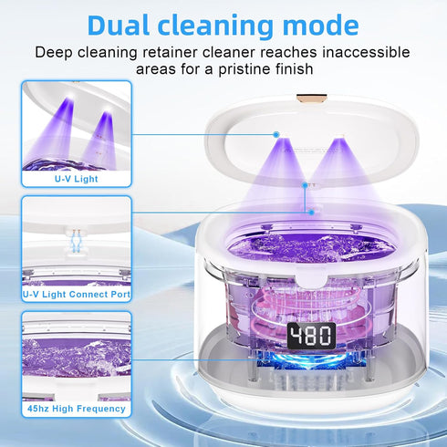 Ultrasonic Retainer Cleaner, Portable 30W/45kHz Sonic Dental Cleaning Pod for Aligners, Braces, Jewelry, and Dentures