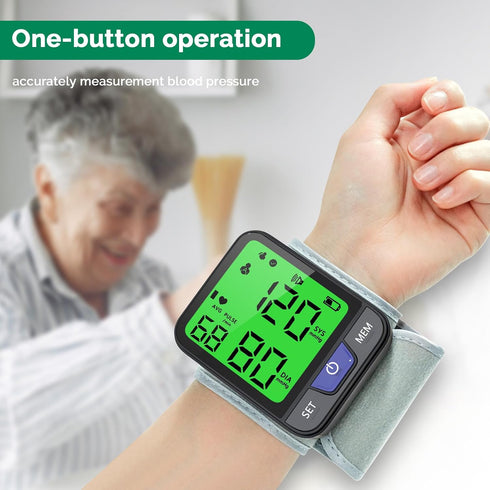 Wrist Blood Pressure Monitor Automatic Wrist Bp Monitor with Voice Digital 3 Color Backlit LCD Display 240 Readings for Dual Users Portable Adjustable Cuff Bp Machine for Home Use