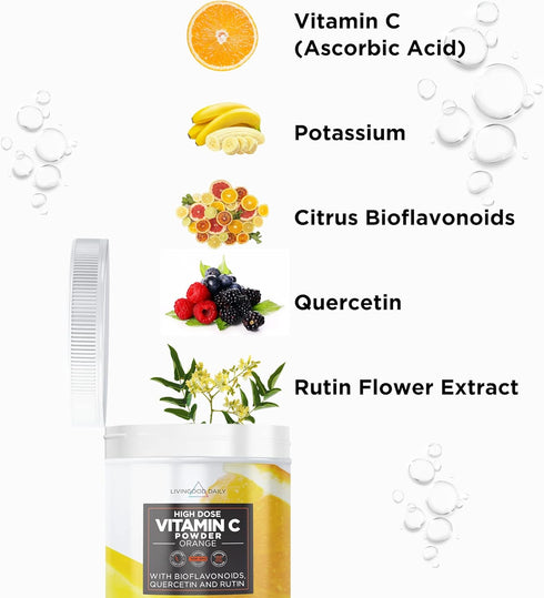 Livingood Daily High Dose Vitamin C Powder Supplement - 2,600mg Ascorbic Acid for Immunity & Skin Health - 30 Servings