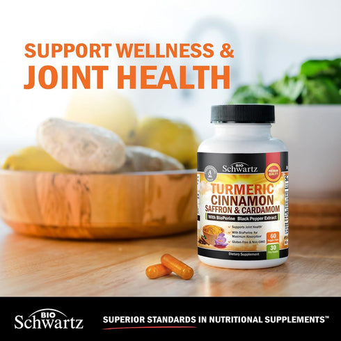 Turmeric Supplement with Saffron, Cinnamon & Cardamom - 60 Capsules, Natural Tumeric Curcumin Joint Support Supplement