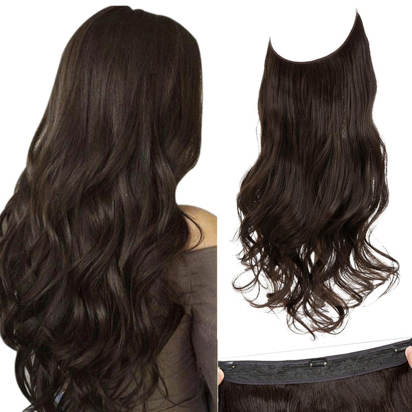 SARLA Invisible Wire Hair Extensions with 3 Clips, Long Synthetic Wavy Curly Hairpiece, 16 Inch Dark Brown
