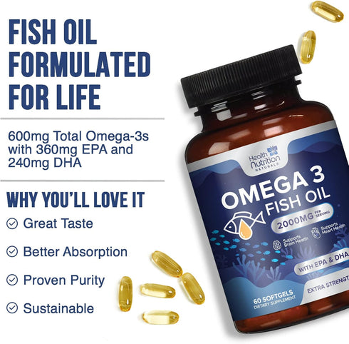 Omega 3 Fish Oil Triple Strength 2000 mg Softgels | 60 Fish Oil Softgels | Natural Brain Heart Joint Health & Immune