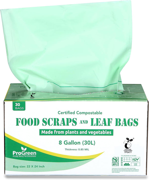 Compostable 8 Gallon (30L) Bags, 30 Count, Extra Thick 0.85 Mil, Small Kitchen Trash Bags, Food Scraps