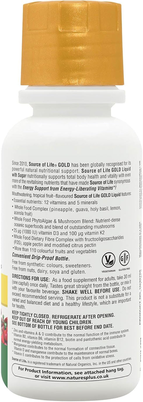 Natures Plus Source of Life Gold Multivitamin Liquid - 8 oz with Vitamins D3, B12 & K2 for Blood, Bone & Immune Support
