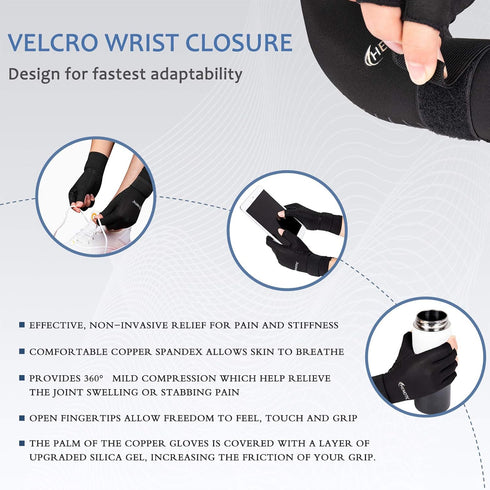 2 Pairs Copper Arthritis Gloves for Women Men, Wrist Reinforcement Fingerless Compression Gloves for Relieving Joint