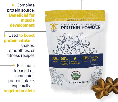 Organic Sacha Inchi Plant Based Protein Powder - by Aliksir - 100% Natural, Vegan, Gluten-Free, 9 Grams Protein, Low Carb, 9 Essential Amino Acids, 300mg Omega 3, Rich in Fiber - 1 Bag (8.8 oz.)