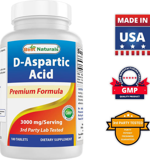 Best Naturals D Aspartic Acid (DAA) 3000mg, Non-GMO & Gluten Free, 180 Tablets per Serving