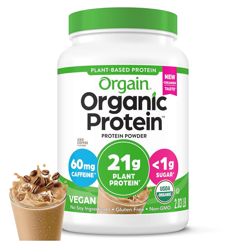 Orgain Organic Vegan Protein Powder, Iced Coffee, 21g Plant Protein, 60mg of Caffeine, Low Net Carb, No Added Sugar